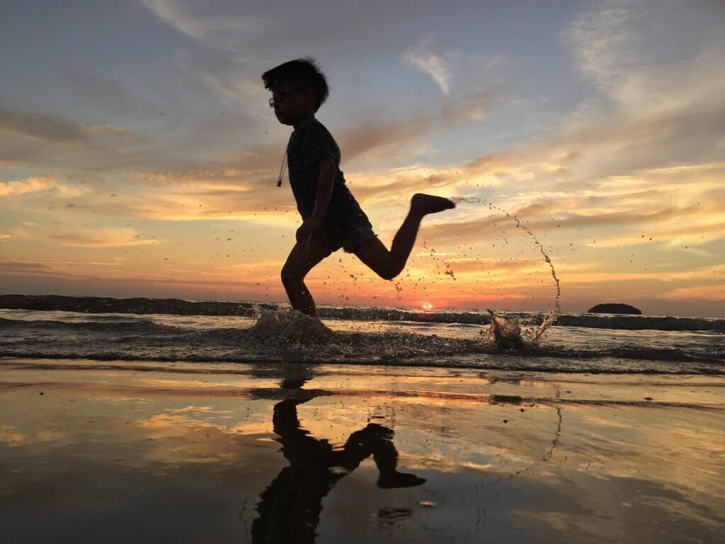 sunset, run, nature, child